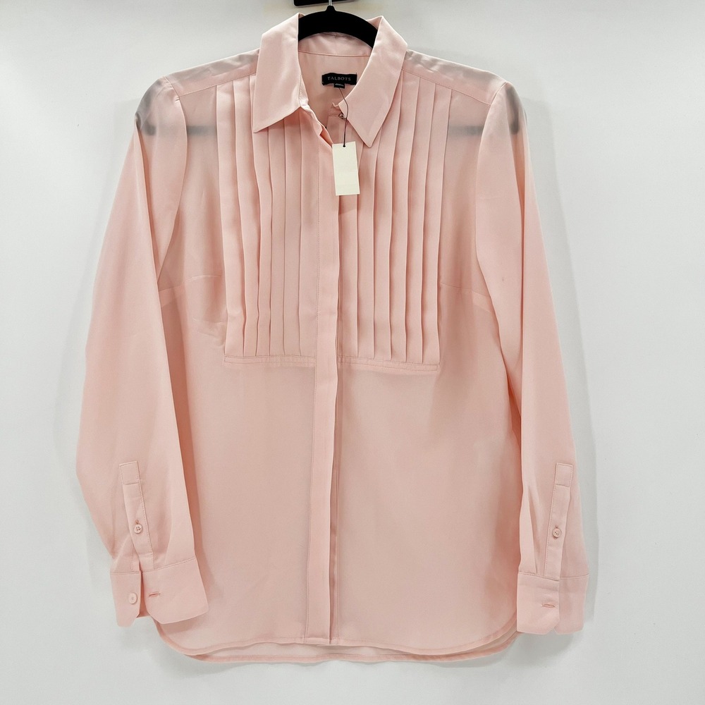 Talbots Womens XS Pale Pink Pleated Bib Long Sleeve Button Up Blouse NWT